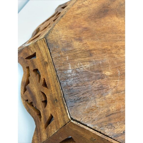 Vintage Octagonal Wood Serving 10.5" Tray Floral Center Hand Carved Artisan Boho - Picture 11 of 16